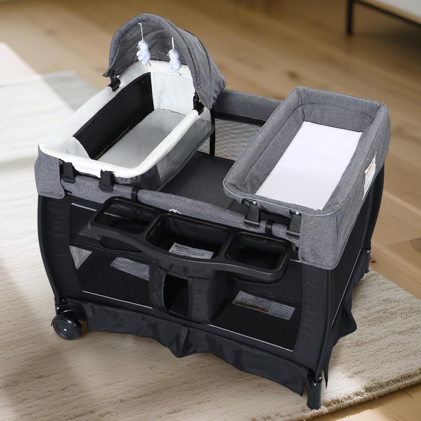 Kinder King 4 in 1 Foldable Pack and Play with Bassinet & Changing Table, Portable Playard for Babies and Toddlers, Adjustable Canopy, Storage Bag, Light Gray