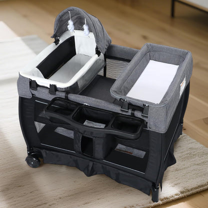 Kinder King 4 in 1 Foldable Pack and Play with Bassinet & Changing Table, Portable Playard for Babies and Toddlers, Adjustable Canopy, Storage Bag, Light Gray