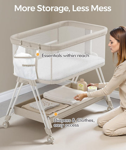 Fodoss Baby Bassinets Bedside Sleeper - 3-in-1 Baby Bassinet with Wheels, Soft Mattress, Storage Tray, Full-Mesh Sides, 7-Height Adjustable Crib for Newborns