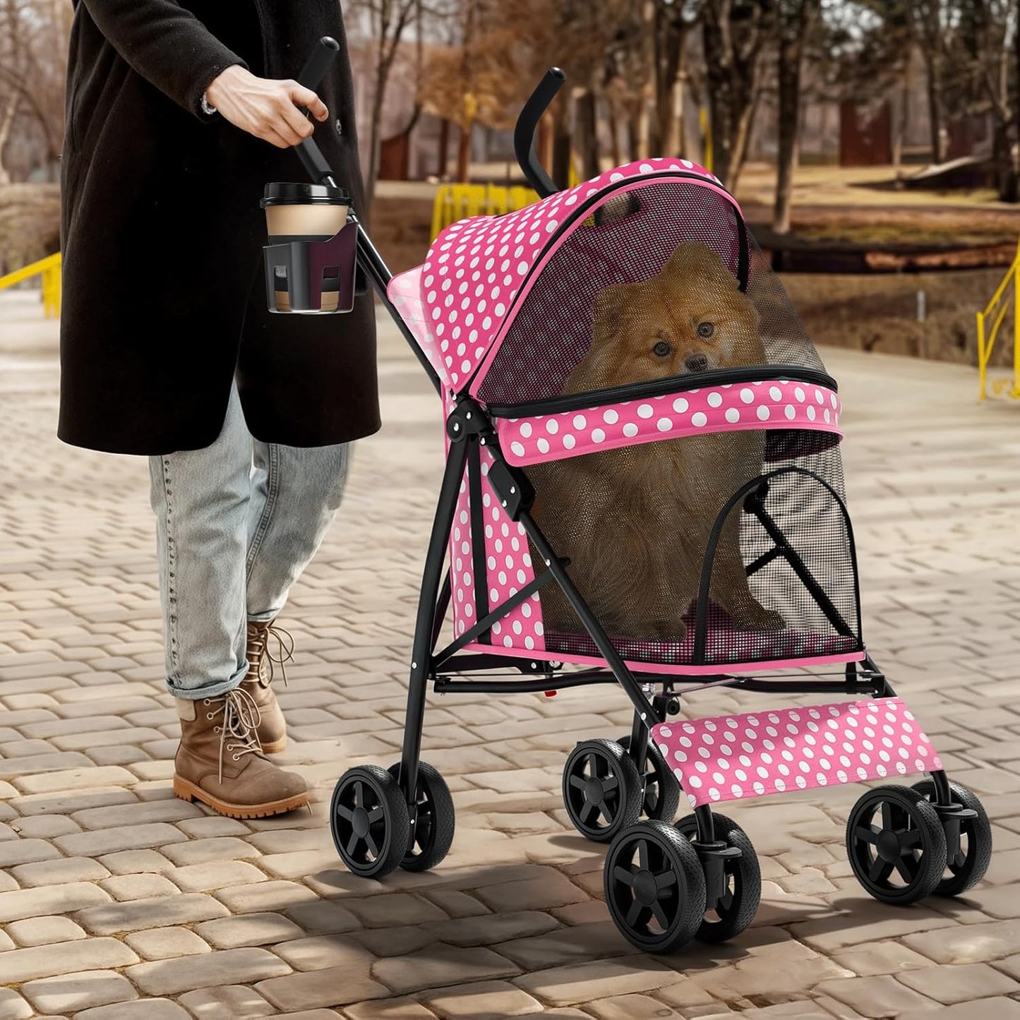 Magshion Compact Pet Stroller for Small-Medium Dogs/Cats up to 22lbs, 4-Wheel Lightweight Umbrella Shaped Portable Puppy Travel Jogger with Breathable Mesh, Cup Holder & Rear Storage, Black
