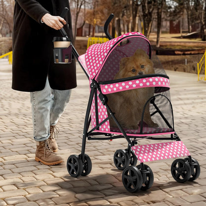 Magshion Compact Pet Stroller for Small-Medium Dogs/Cats up to 22lbs, 4-Wheel Lightweight Umbrella Shaped Portable Puppy Travel Jogger with Breathable Mesh, Cup Holder & Rear Storage, Black