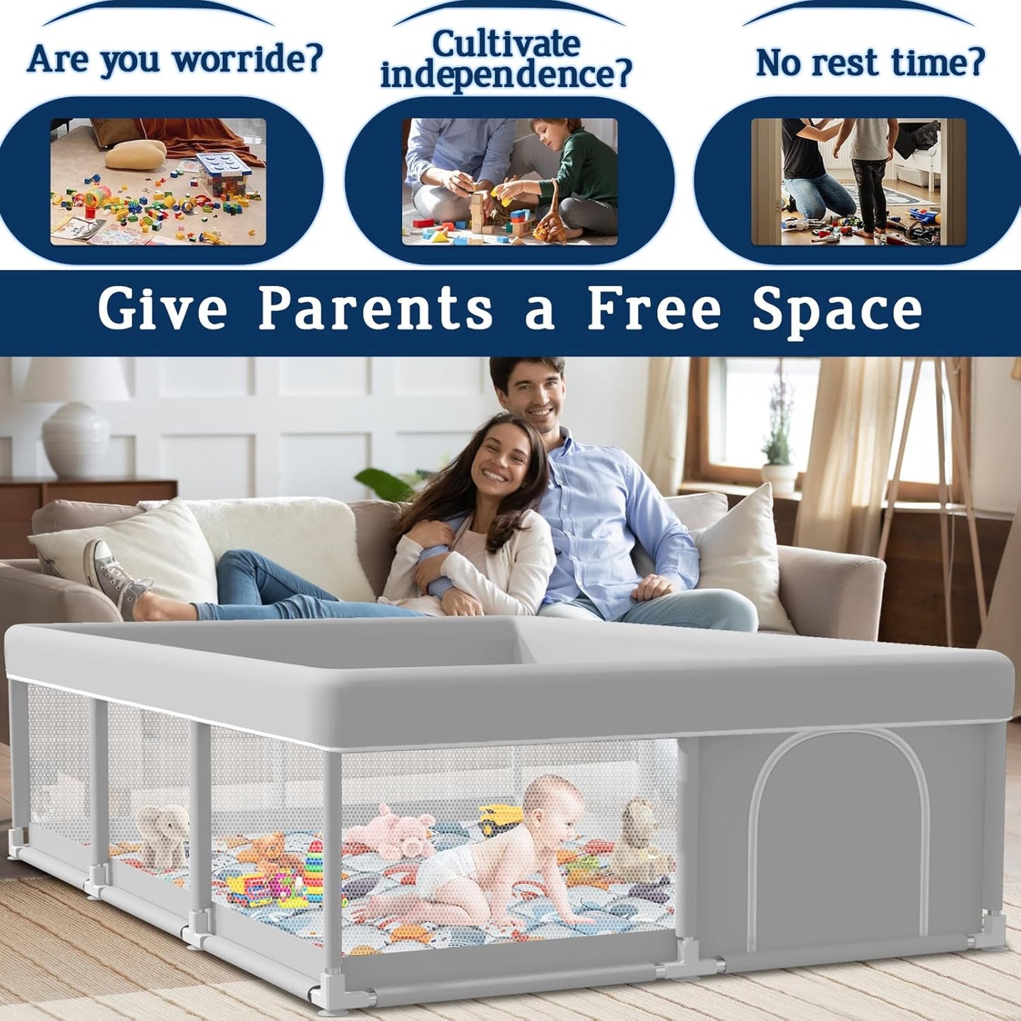 Baby Playpen with Mat, 50x50 Inch Playpen with Mat Waterproof for Babies and Toddlers Play Pen Playards Safety Gate Fence Active Center Indoor