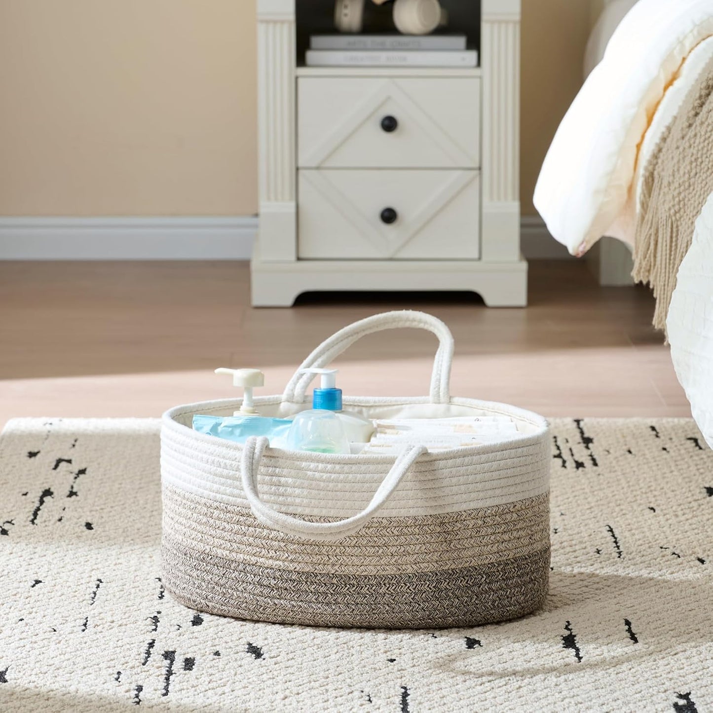 luxury little Diaper Caddy Organizer, Large Cotton Rope Nursery Baby Basket, Changing Table Organizer for Baby Diaper Storage, Portable Car Organizer Removable Divider (Off White, Large)