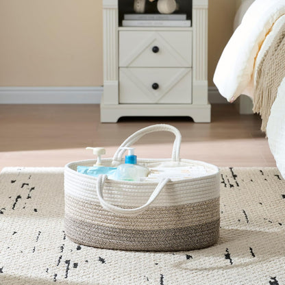 luxury little Diaper Caddy Organizer, Large Cotton Rope Nursery Baby Basket, Changing Table Organizer for Baby Diaper Storage, Portable Car Organizer Removable Divider (Off White, Large)