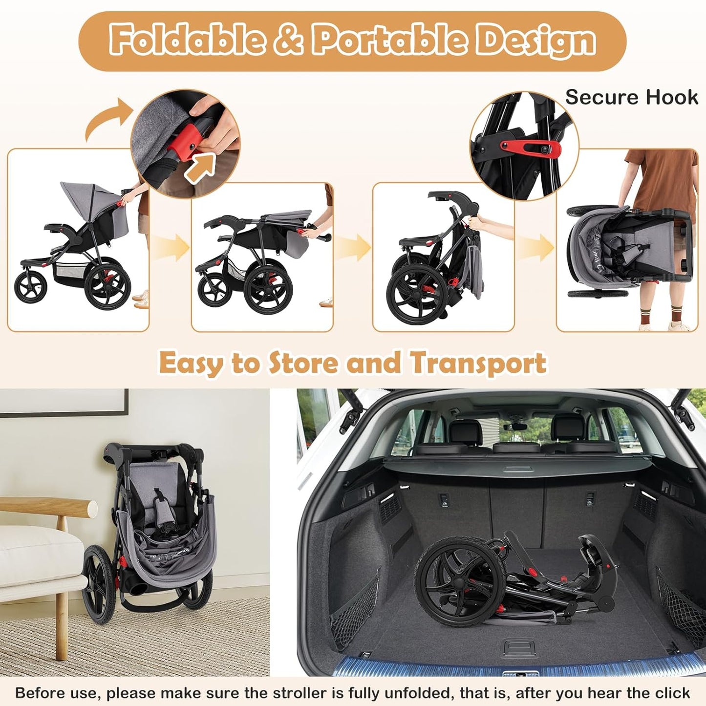 HONEY JOY Jogging Stroller, Foldable Running Stroller w/Adjustable Canopy & Recline Seat, 2 Cup Holders, Snack Tray, Storage Basket, Bicycle Tires, Baby Jogger Stroller for Infants to Toddlers (Gray)