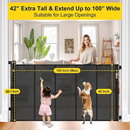 Reinforced 42” Tall x 100” Extra Wide Retractable Baby Gates for Doorways Extra Tall Pet Gate with Rods to Prevent Crawling Through, Dog Gate for Large Openings Extra Long Mesh Gate, Black