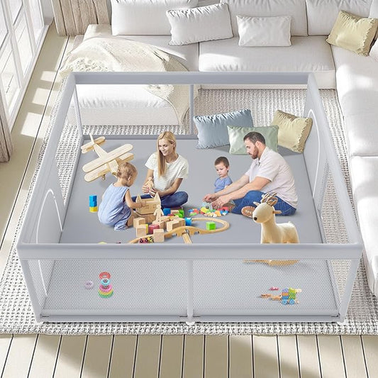 Fshibila 79" ×79" Extra Large Baby Playpen, Baby Playard for Babies and Toddlers, BabyFence Play Pens for Indoor & Outdoor, Sturdy Safety Play Yard with Soft Breathable Mesh, Anti-Fall, Grey