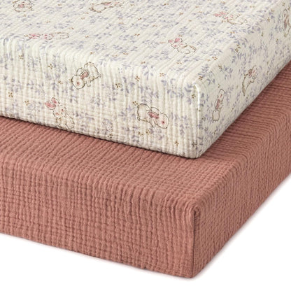 Blissful Diary Muslin Bassinet Sheets for Baby Girls Boys, Boho Soft Cotton Fitted for Oval Hourglass Rectangle Mattress, 2 Pack(Sunshine&Brown)