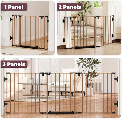 78" Extra Wide Baby Gate, Dog Gates Indoor for Doorways Stairs, Essential Safety Gate for Child, Hardware Mounted Adjustable Pet Gate with Anti-Trip Pedal, 28'' Tall 3 Metal Panels Brown