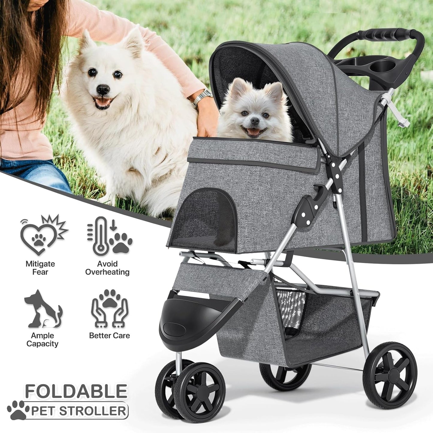 MoNiBloom Foldable Pet Stroller with Weather Cover, 3 Wheels Pet Strolling Cart for Small/Medium Dogs and Cats with Storage Basket and Cup Holder, Breathable and Visible Mesh for All-Season, Black