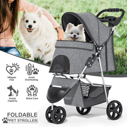 MoNiBloom Foldable Pet Stroller with Weather Cover, 3 Wheels Pet Strolling Cart for Small/Medium Dogs and Cats with Storage Basket and Cup Holder, Breathable and Visible Mesh for All-Season, Black