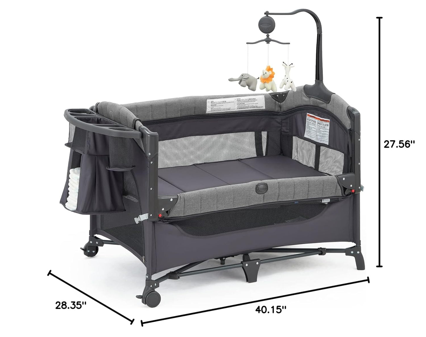 QUTANIX Baby Bedside Bassinet Sleeper,5-in-1 Pack and Play with Full-Size Bassinet,Baby Playard with Changing Table,Storage Shelf,Music Mobile with Soft Toys for Newborn to Toddlers (Grey)
