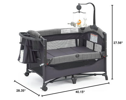 QUTANIX Baby Bedside Bassinet Sleeper,5-in-1 Pack and Play with Full-Size Bassinet,Baby Playard with Changing Table,Storage Shelf,Music Mobile with Soft Toys for Newborn to Toddlers (Grey)