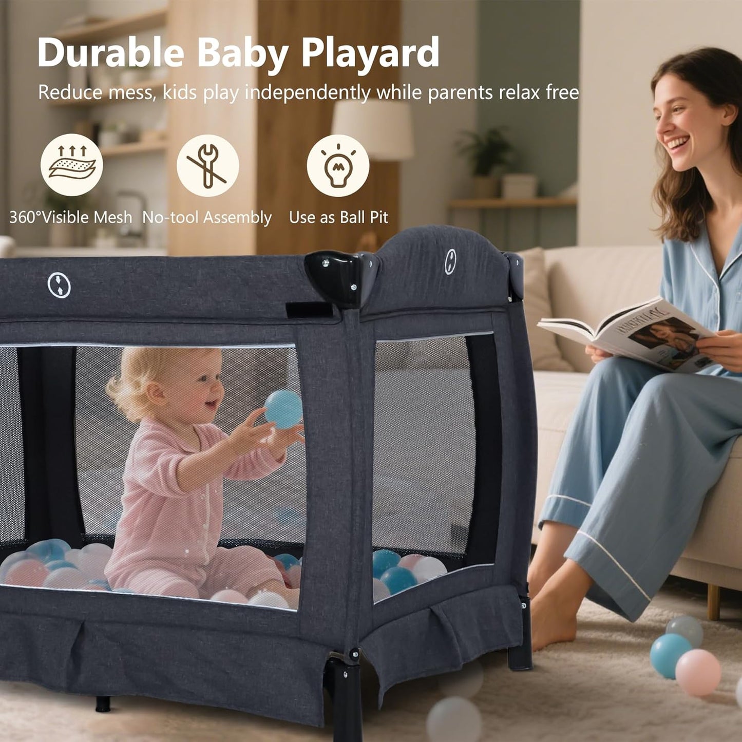 Kinder King 4 in 1 Foldable Pack and Play with Bassinet & Changing Table, Portable Playard for Babies and Toddlers, Adjustable Canopy, Storage Bag, Light Gray