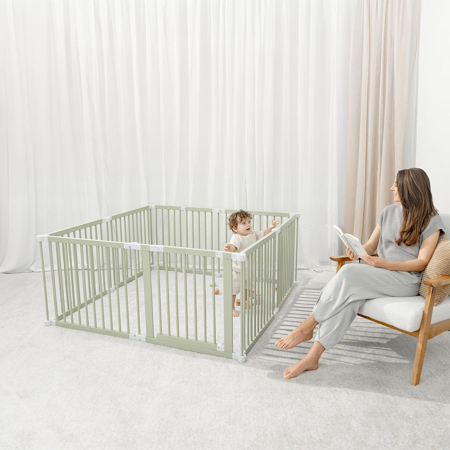 Comfy Cubs Baby Gate Playpen - 57 x 57 x 25 in, Extends Up to 228” - Pine Wood Foldable Playpen with Child-Proof Lock - Easy Assembly Baby Fence Play Area for Babies & Toddlers - Light Wood White