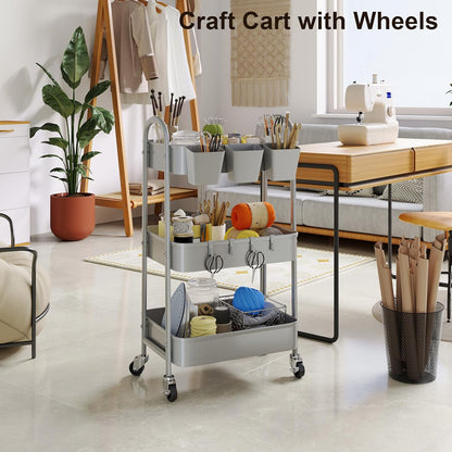 3 Tier Heavy Duty White Metal Rolling Cart with Lockable Wheels, Three Tier Roller Book Snack Cart, Utility Storage Organizer Carts for Kitchen, Bathroom, Garage, Baby Diaper, Craft, Art, Teacher