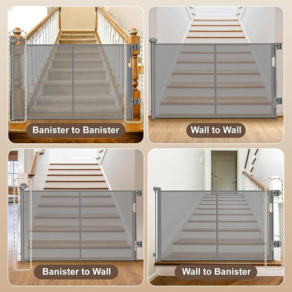 Upgraded Retractable Baby Gates for Stairs & Banister, Mesh Dog Gate Indoor, Extends to 55" Wide 33" Tall, Child Safety Gate for Stairway, Banister & Wall Mount (Gray)