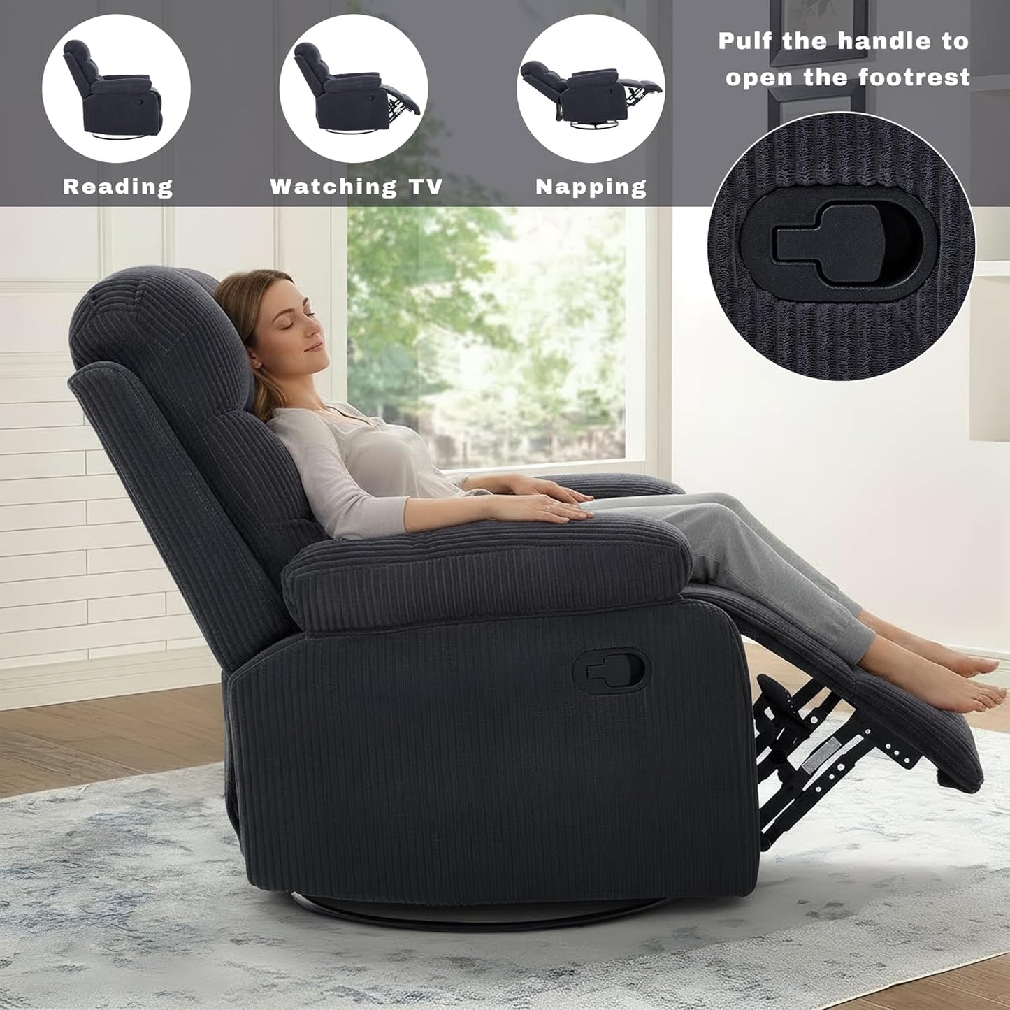 Rocking Recliner Chair,Modern Swivel Glider Recliner Chair,Corduroy Fabric Upholstery Recliner,Manual Reclining Sofa Chair for Living Room,Office,Apartment (Beige)