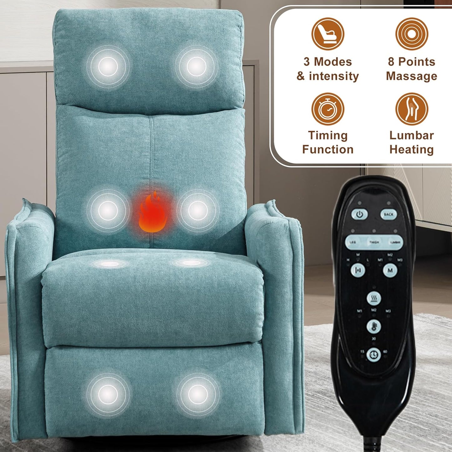 cinkehome Swivel Rocker Recliner, Glider Rocker Recliner Chair for Nursery, Manual Reclining Chair with Heated Massage, Small Spaces, Living Room, Khaki Chenille
