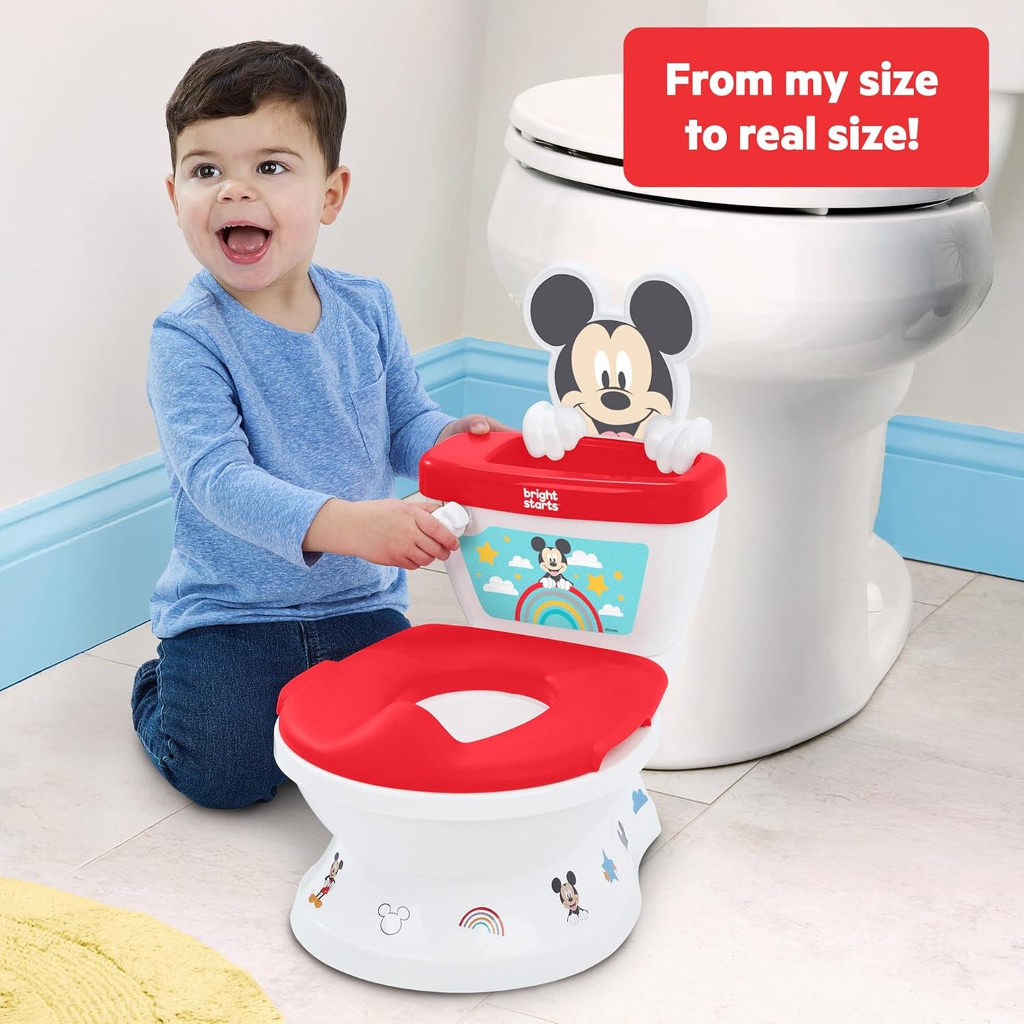 Bright Starts Disney Junior Minnie Mouse My Size Potty Training Toilet, Toddler Potty Chair with Flushing & Cheering Sounds, Removable Seat with Splash Guard & Handles, Ages 18+ Months, Up to 50 lbs
