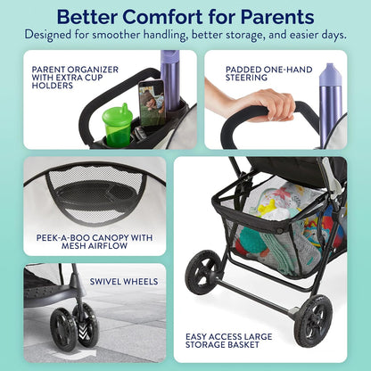 Kolcraft Cloud Plus Lightweight Umbrella Stroller for Toddlers with Reclining Seat, Large Storage Basket, Canopy, Infant & Parent Trays, Compact Fold for Summer Travel, Durable Frame, Slate Gray