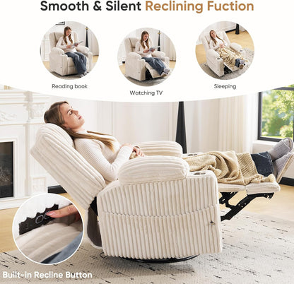 Oversized Power Recliner Chair with Massage and Heat, Swivel Rocker Recliner Chair for Adults with Arm Storage, Nursery Glider Recliner with Adjustable Headrest and Phone Stand, Side Pockets, Beige