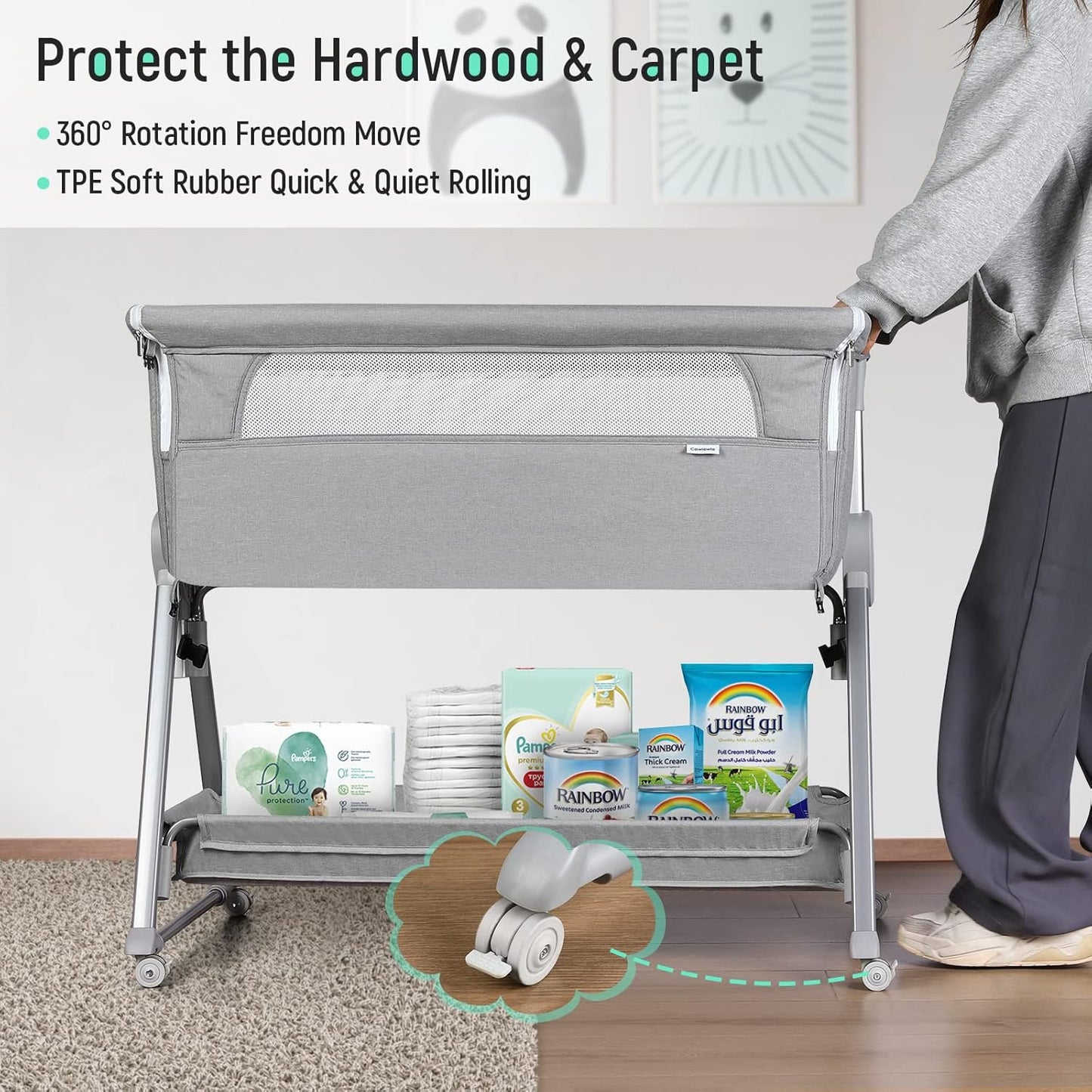 Cowiewie Bassinet Bedside Sleeper, Baby Bassinet with 7 Adjustable Height, Bedside Bassinet for Baby with Storage, Breathable Mesh & Mattress, Portable Bassinet Easy Folding (Pyramid Light Gray)