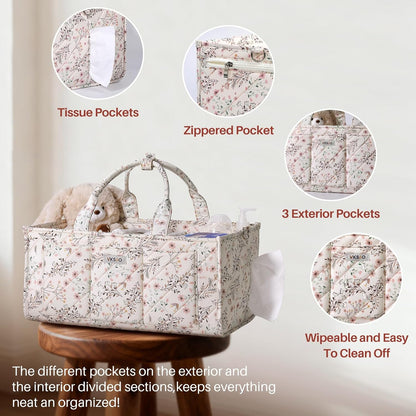 Baby Boy Essentials Diaper Caddy Organizer – Portable Storage Basket with Shoulder Strap & Stroller Hooks, Splashproof Quilted Nursery & Car Tote, Baby Gifts for Baby Shower, Classic Blue