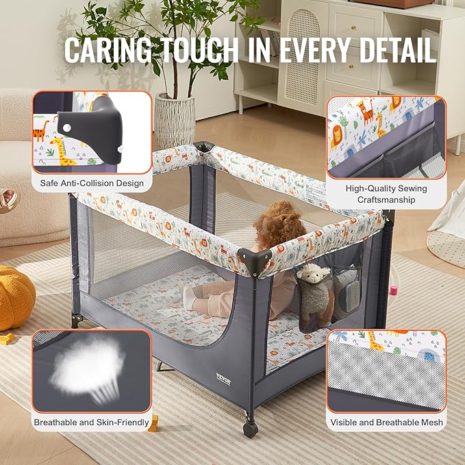 VEVOR Baby Travel Crib and Play Yard, Folding Baby Playpen with Soft Mattress Pad, Portable Toddlers Crib with Breathable Mesh and Travel Bag, Indoor/Outdoor Kid Activity Center for 0-36 Months Babies