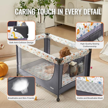 VEVOR Baby Travel Crib and Play Yard, Folding Baby Playpen with Soft Mattress Pad, Portable Toddlers Crib with Breathable Mesh and Travel Bag, Indoor/Outdoor Kid Activity Center for 0-36 Months Babies