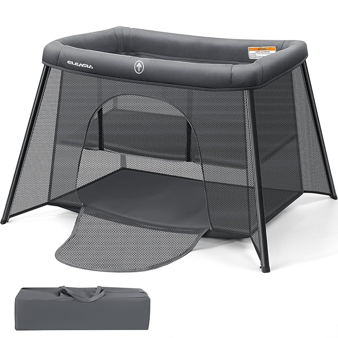 ELEMARA 2 in 1 Baby Travel Crib Easy-Set Up,Portable Crib with Comfortable Mattress and Lightweight-Foldable Crib with Long-Lasting Playard, Indoor & Outdoor Playpen, Pack and Play for Toddler