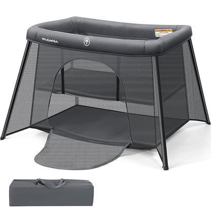 ELEMARA 2 in 1 Baby Travel Crib Easy-Set Up,Portable Crib with Comfortable Mattress and Lightweight-Foldable Crib with Long-Lasting Playard, Indoor & Outdoor Playpen, Pack and Play for Toddler