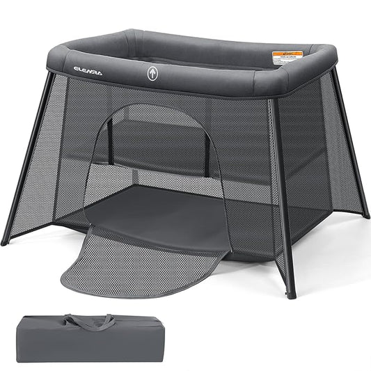 ELEMARA 2 in 1 Baby Travel Crib Easy-Set Up,Portable Crib with Comfortable Mattress and Lightweight-Foldable Crib with Long-Lasting Playard, Indoor & Outdoor Playpen, Pack and Play for Toddler