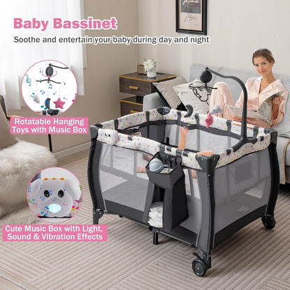HONEY JOY Pack and Play, 3 in 1 Portable Baby Playard with Bassinet, Changing Table, Lockable Wheels, Music Box, Foldable Travel Baby Crib Nursery Center from Newborn to Toddler (Coffee Pink)