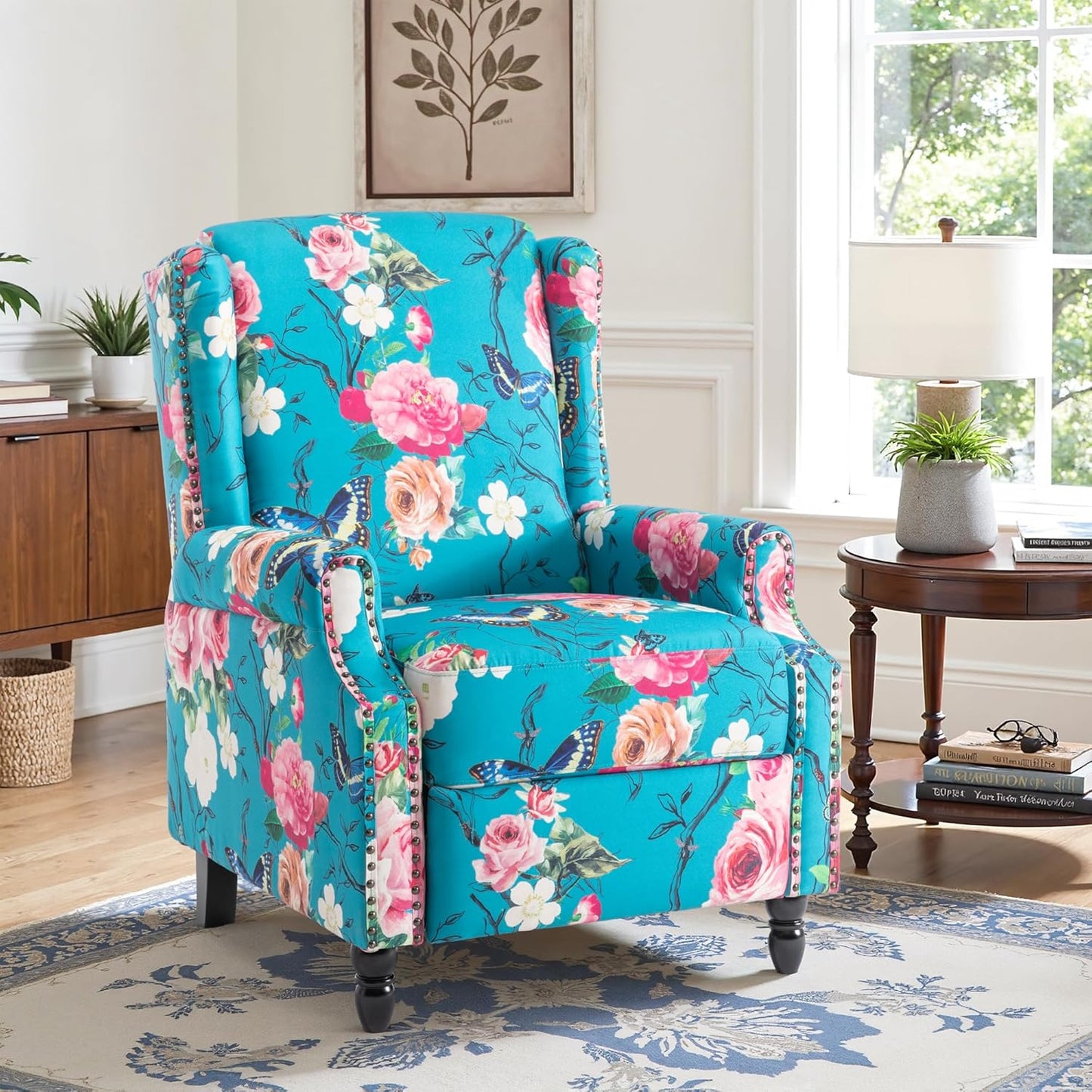 Swivel Rocker Recliner Chair, Manual Nursery Glider Recliner, Floral Fabric Wingback Accent Chair with Adjustable Backrest & Footrest for Small Spaces Living Room Bedroom (Plants Floral, Set of 1)