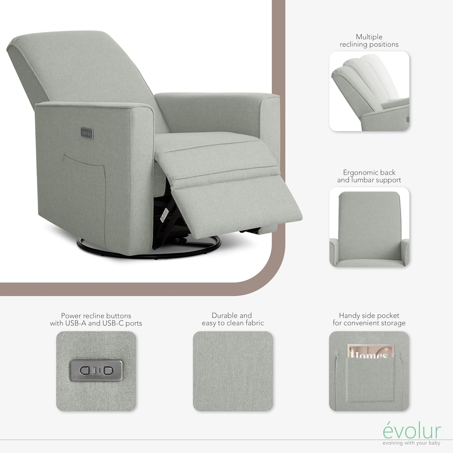 Evolur Harlow Upholstered Power Glider Recliner with USB Charging – Rocking & 275° Swivel with Smooth Glide – Greenguard Gold & FSC Certified – Modern Nursery and Living Room Chair in Light Sand
