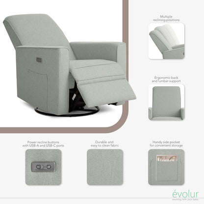 Evolur Harlow Upholstered Power Glider Recliner with USB Charging – Rocking & 275° Swivel with Smooth Glide – Greenguard Gold & FSC Certified – Modern Nursery and Living Room Chair in Light Sand