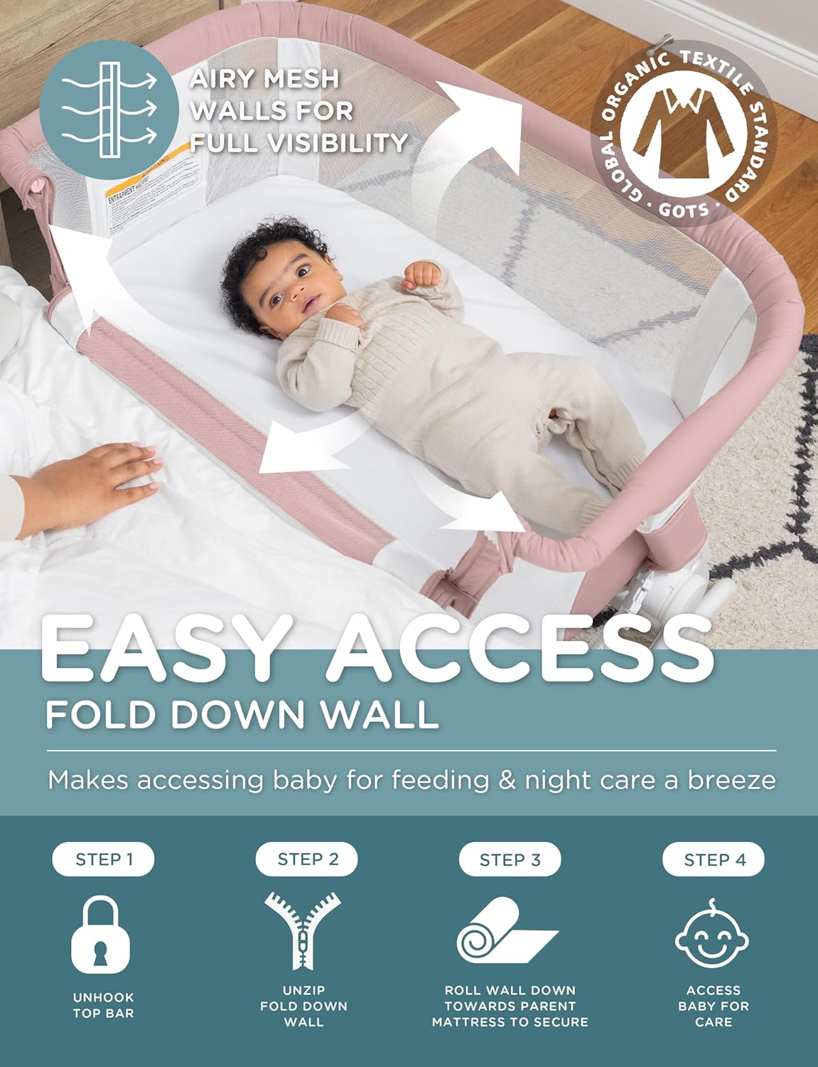 Baby Delight Beside Me Dreamer Bassinet | Bedside Sleeper | 6-Position Height Adjustment | Charcoal Tweed