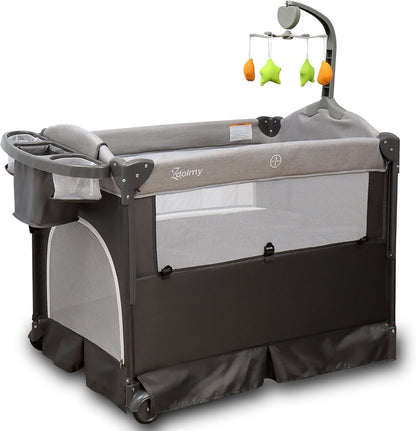 Zdolmy Baby Bedside Sleeper Bassinet, 4-in-1 Pack and Play with Bassinet w/Diaper Changing Table & Storage Bag, 3 Adjustable Heights, Toy Arch & Music, Portable Baby Play Yard with Carry Bag