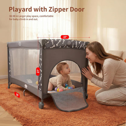 Babilous Pack and Play, Baby Bassinet with Wheels, Foldable Baby Playard for Travel, Easy Carry Bedside Bassinet, Mini Pack n Play with Comfortable Mattress & Compact Space Saving Design, Grey