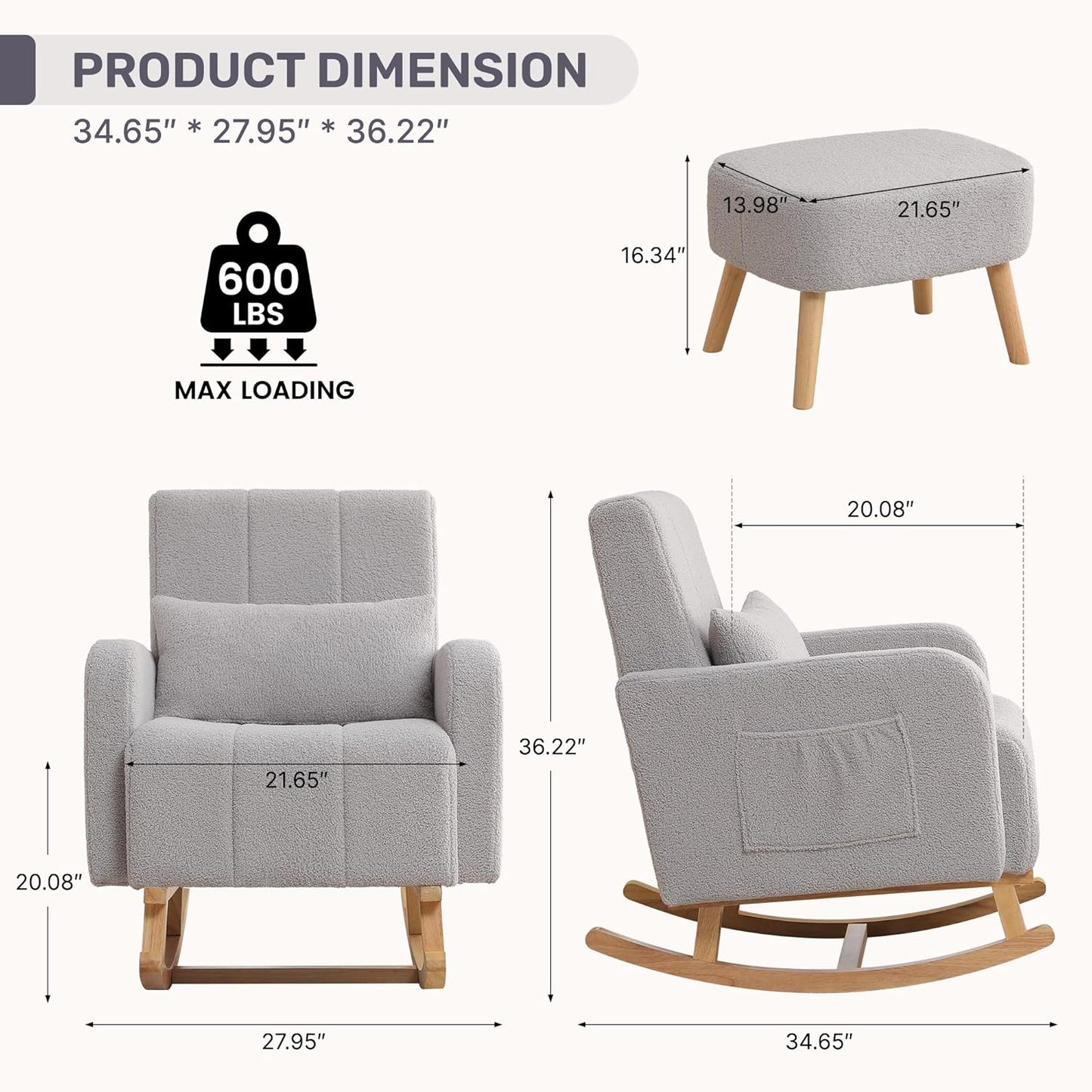 HCHAIRH Nursery Rocking Chair with Ottoman, Upholstered Glider Rocker with High Backrest Side Pocket, Rocking Accent Armchair with Solid Wood Legs for Nursery, Living Room, Bedroom, Light Grey