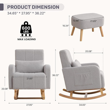 HCHAIRH Nursery Rocking Chair with Ottoman, Upholstered Glider Rocker with High Backrest Side Pocket, Rocking Accent Armchair with Solid Wood Legs for Nursery, Living Room, Bedroom, Light Grey