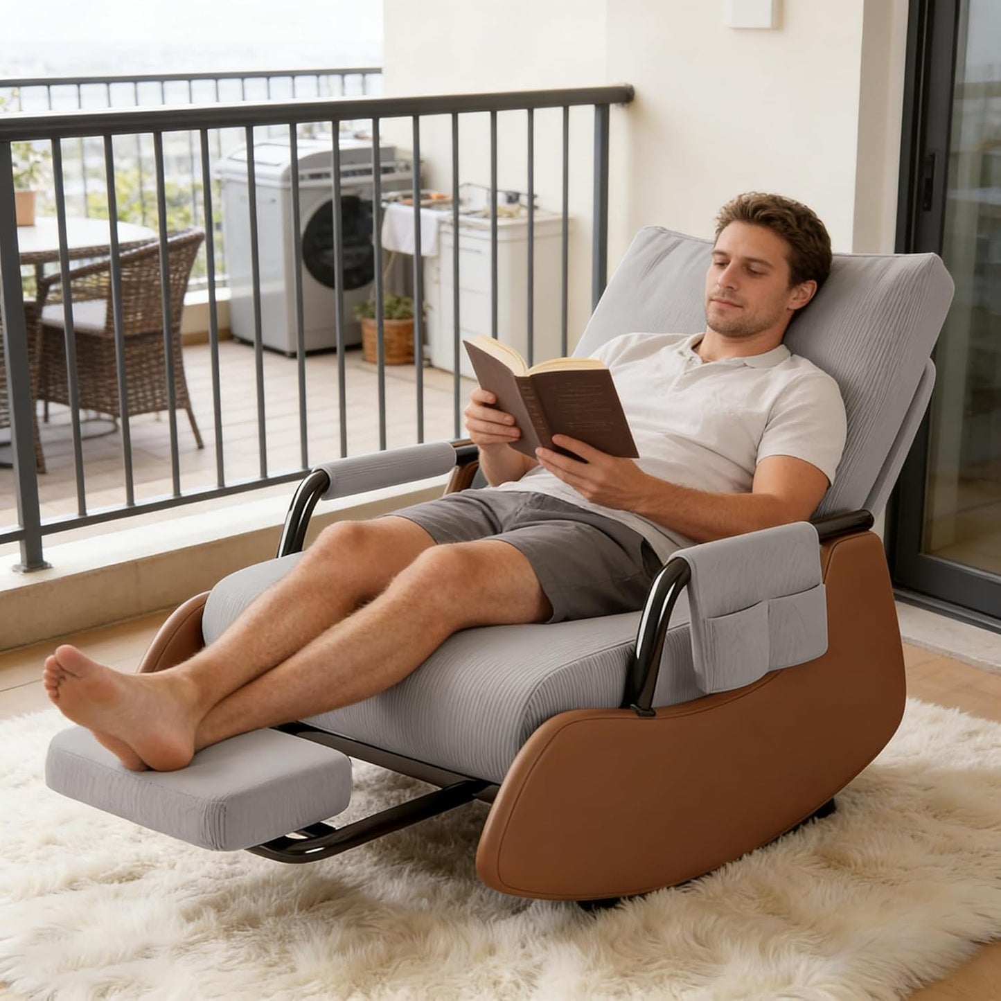 JPBSTO Rocking Chair Nursery, Upholstered Glider Rocking Chair with Side Pocket and Adjustable High Backrest, Comfortable Rocker Recliner with Footrest Perfect for Living Room Bedroom, Beige