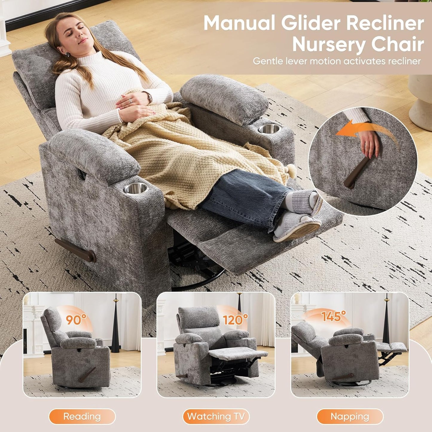 Rocking Chair Nursery with Adjustable Armrests, Electric Glider Recliner Nursing Chair for Breastfeeding, Power Swivel Recliner Chairs with Massage and Heat, Adjustable Headrest , FSC Certified, White