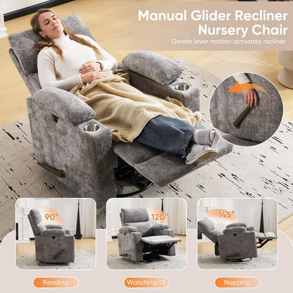 Rocking Chair Nursery with Adjustable Armrests, Electric Glider Recliner Nursing Chair for Breastfeeding, Power Swivel Recliner Chairs with Massage and Heat, Adjustable Headrest , FSC Certified, White