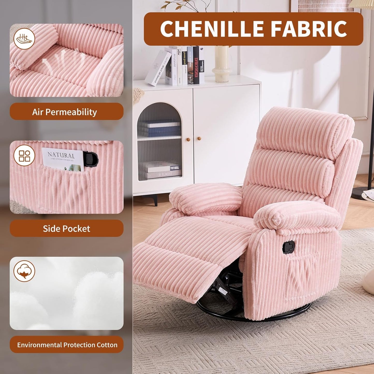 Adult 360° Rocking Recliner Chair，Nursery Rocker Reclining Chair with Side Pocket, a Comfy upholstered Single Sofa Armchair. Suitable for Living Room, Bedroom Nursing use, Velvet Fabric in Beige