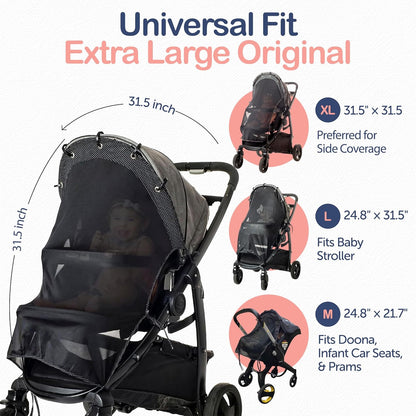 Stroller Sun Shade Extender – Universal Clip-On Baby Stroller Sun Shade Cover, UV Protection, Breathable See-Through Mesh, Adjustable Fit, Large Black