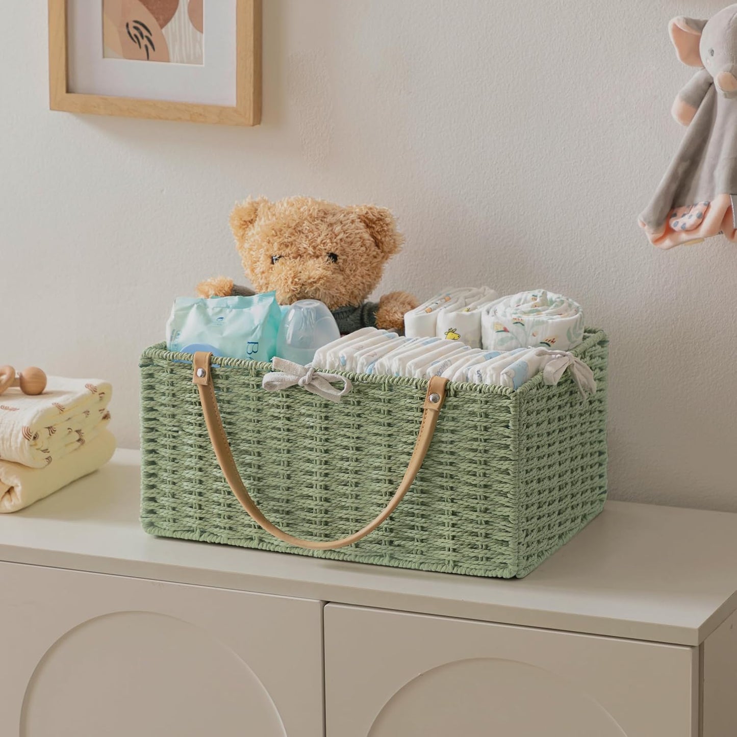 HBlife Large Baby Diaper Caddy Organizer, Paper Rope Storage Baskets Nursery Bin with Removable Divider, Portable Car Organizer for Diapers, Baby Shower Gifts, Newborn Essentials Must Haves