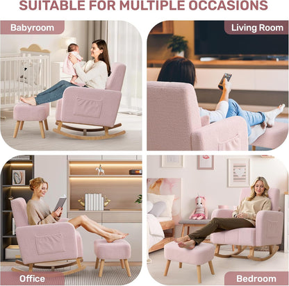 HCHAIRH Nursery Rocking Chair with Ottoman, Upholstered Glider Rocker with High Backrest Side Pocket, Rocking Accent Armchair with Solid Wood Legs for Nursery, Living Room, Bedroom, Light Grey