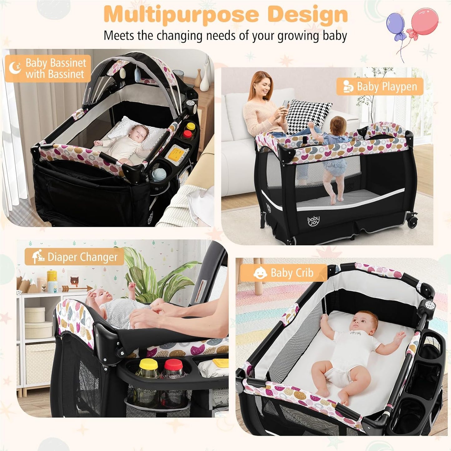 BABY JOY 4 in 1 Pack and Play, Portable Baby Playard with Bassinet & Flip-Away Changing Table, Canopy, Portable Bedside Crib with Storage Basket, Oxford Bag, Infant Bassinet from Newborn to Toddlers